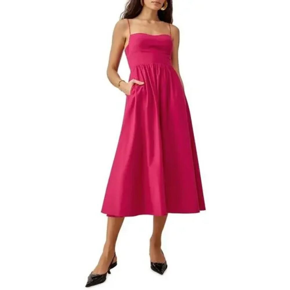 Reformation Vinny Midi Dress Deep Pink Back Zip Side Pocket Sleeveless Size 10